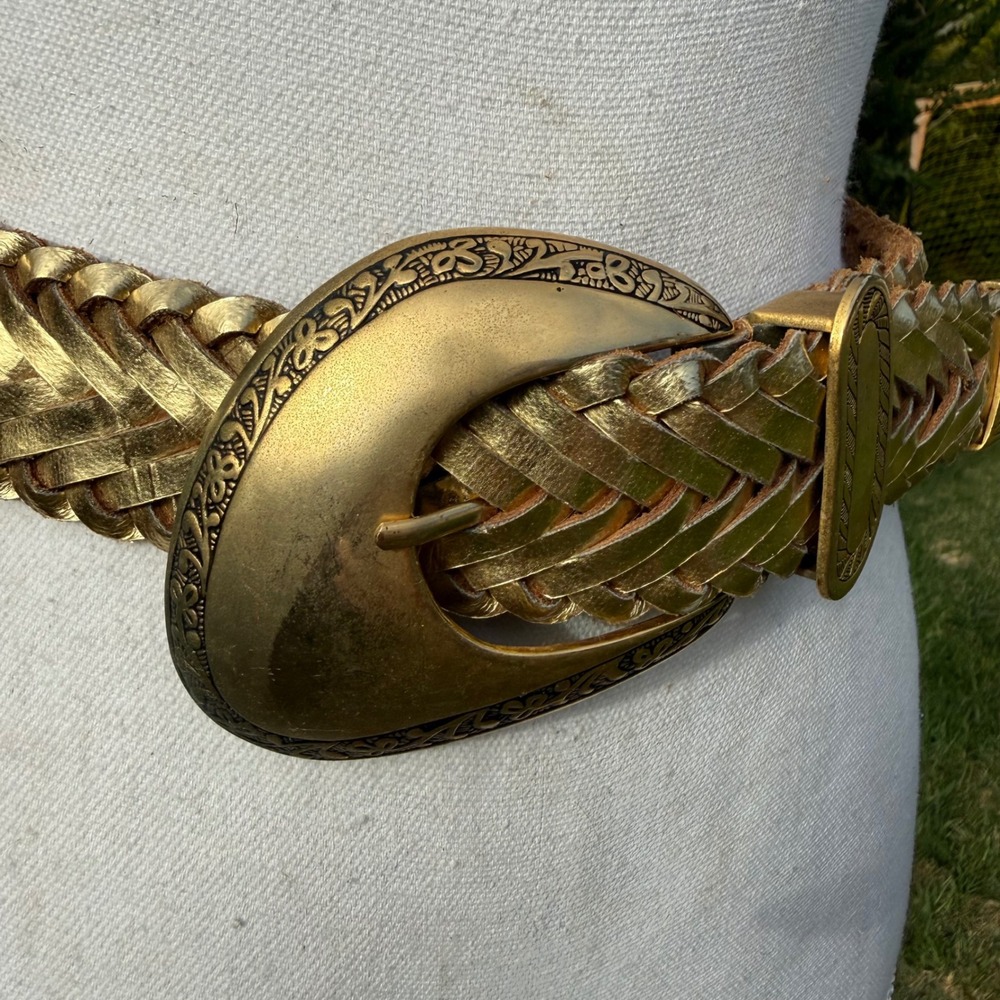 Lady Captiva Metallic Gold Braided Leather Belt Western Engraved Buckle Size M - Picture 2 of 10